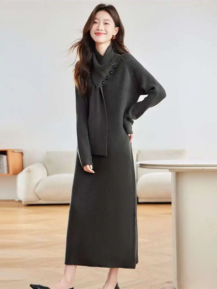 

Winter New Sle Korean Loose Knitted Long Dr with Scarf Collar Base Layer irt Slimming Sweater Inner Wear A-Line Skirt