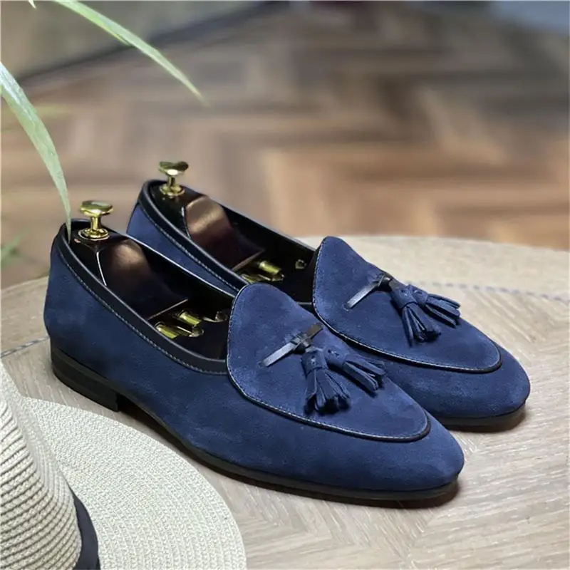Blue Genuine Leather Men's Tassel Loafers Round Toe Cow Suede Low-heeled Slip on Classic Wedding Business Casual Party Shoes