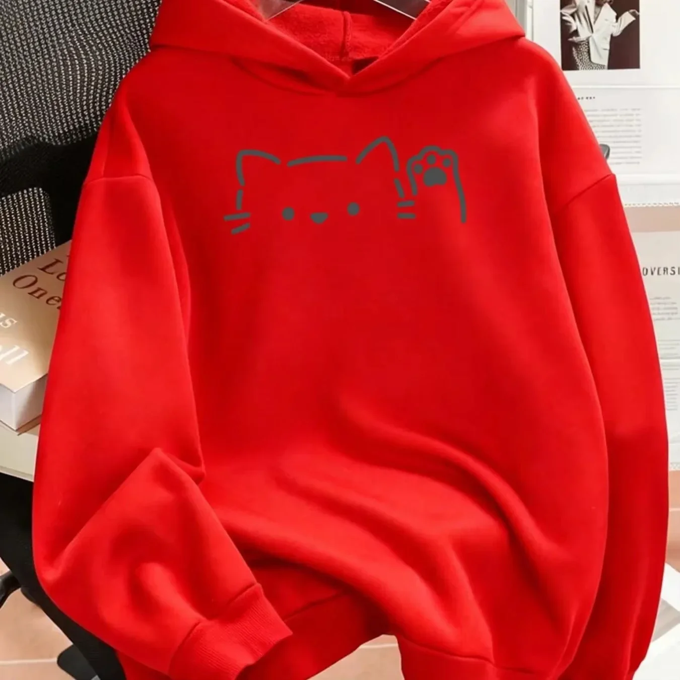 Men's and women's hooded sweatshirts for autumn and winter, with cute cat patterns printed on a smiling face, comfortable fabric