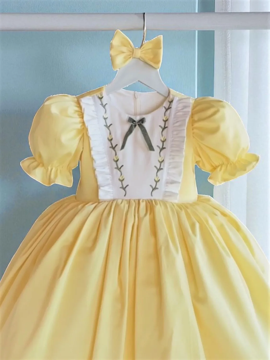 Summer Baby Girl Sweet Vintage Rose Embroidered Bow Yellow Fluffy Dress For Casual Party Birthday Wedding Photography