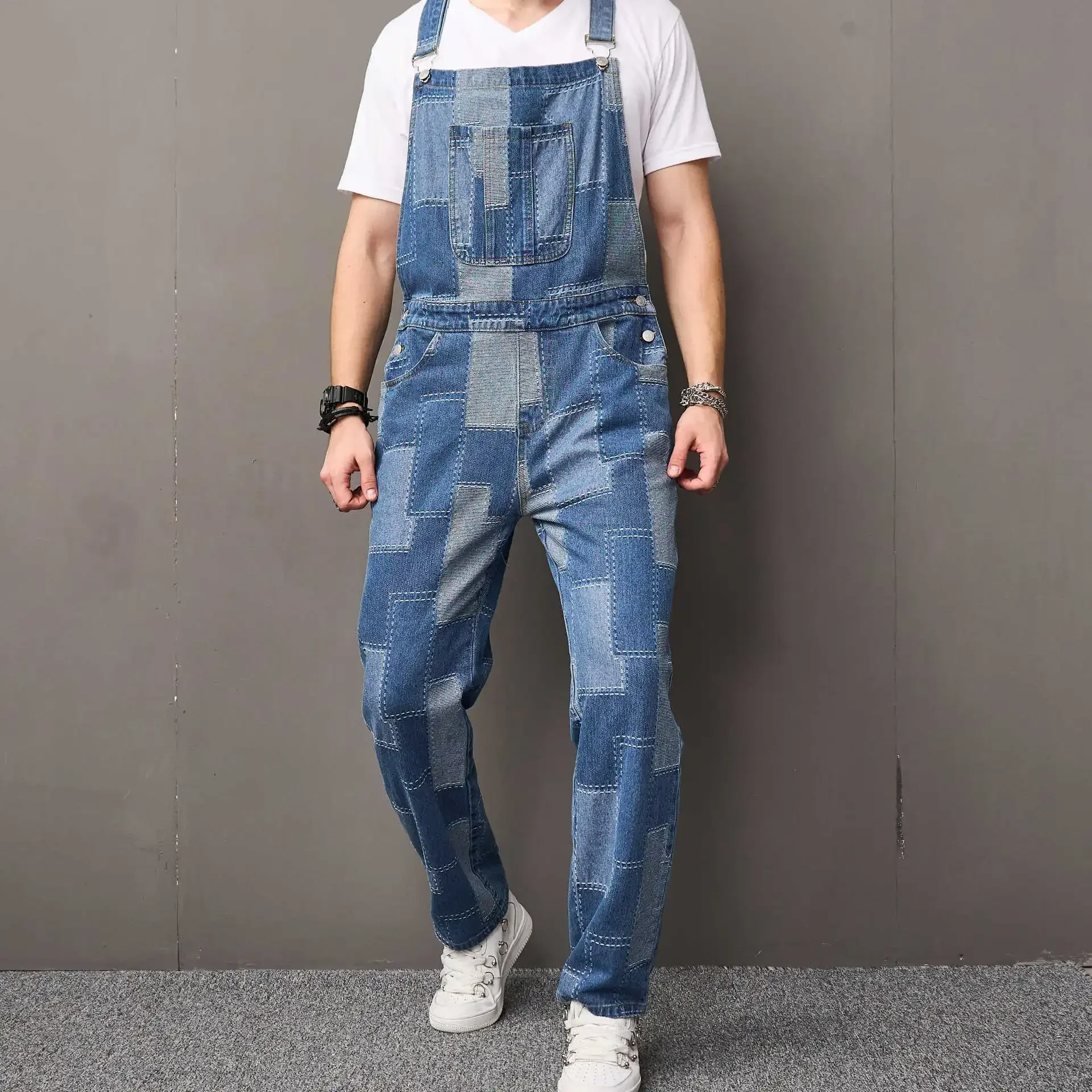 Men's Fashion Denim Bib Overalls With Patchwork High Street Hip Hop Jeans Jumpsuits Patched Suspender Pants For Male