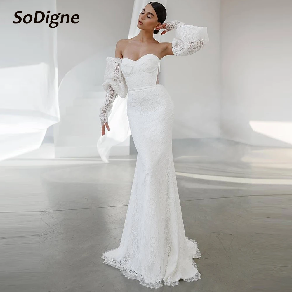 

SoDigne Mermaid Lace Bride Dresses Sweetheart Detachable Sleeves Wedding Dress Long Bridal Gowns vestidos de novia Customized