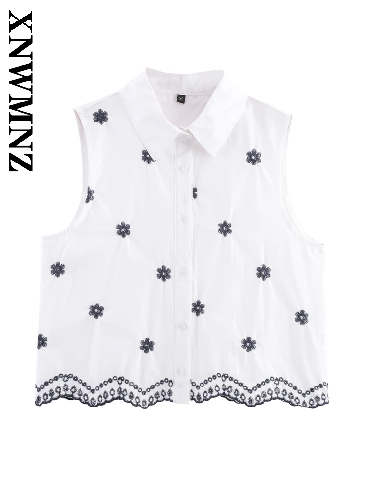 

XNWMNZ 2025 Summer Women Clothing Simple Fashion Sleeveless Turn-down Collar Hollow Out Shirt Chic Casual Woman embroidery Top