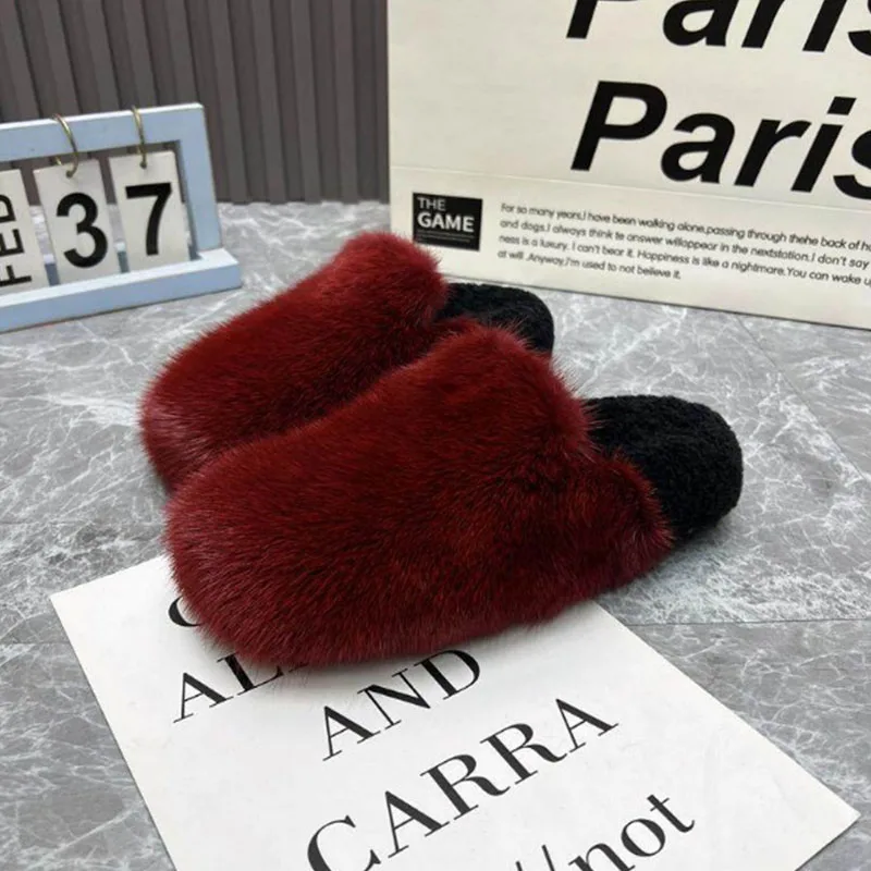 

Women's Plush Slippers Mink Fur Slippers Comfortabie Mules For Women Wool Fur Indoor Home Slippers Soft Slip-On Shoes For Women