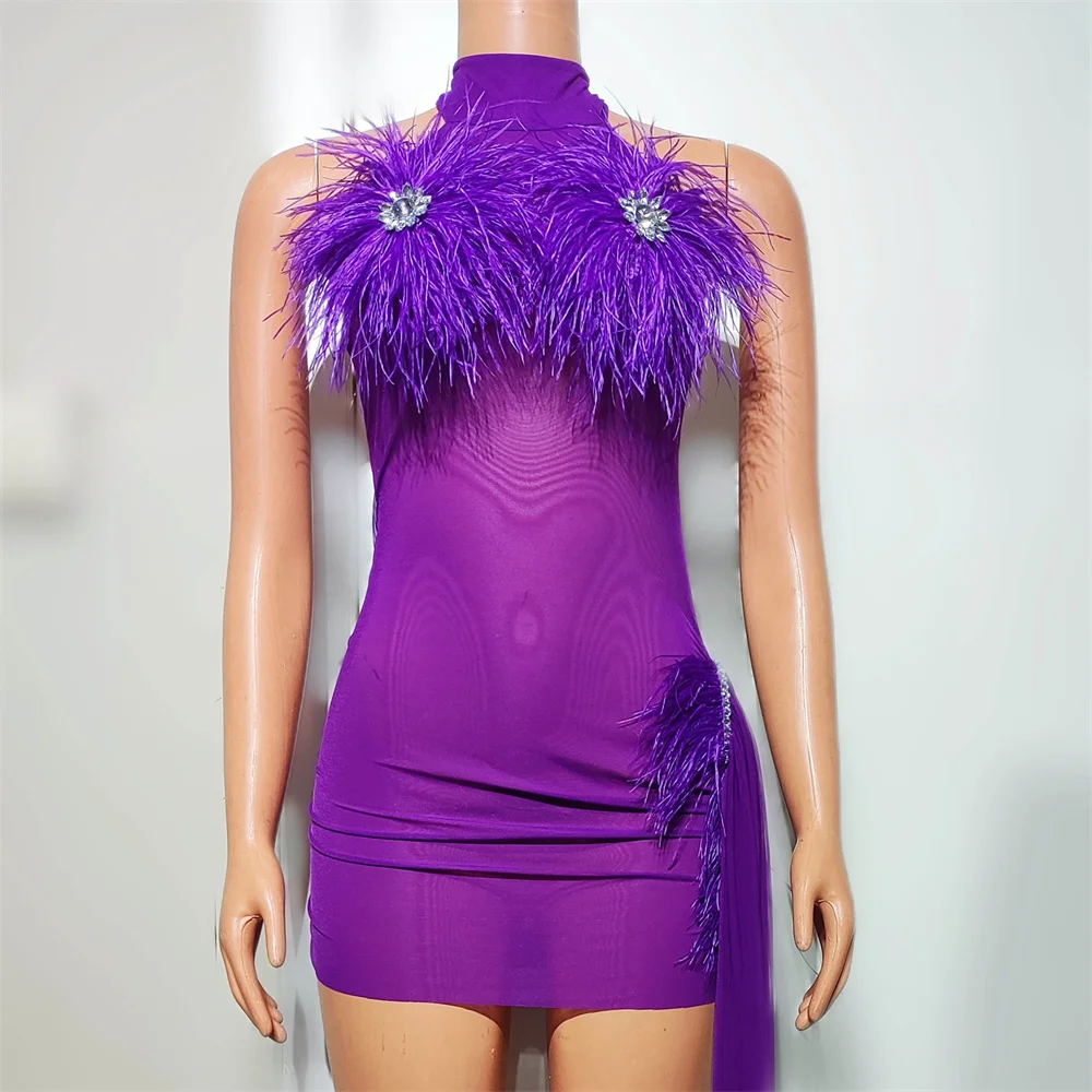 

Фиолетовое сетчатое прозрачное сексуальное облегающее короткое платье с перьями, женское платье для ночного клуба, вечеринки, клуба, шоу на день рождения, певица, бар, сценический костюм