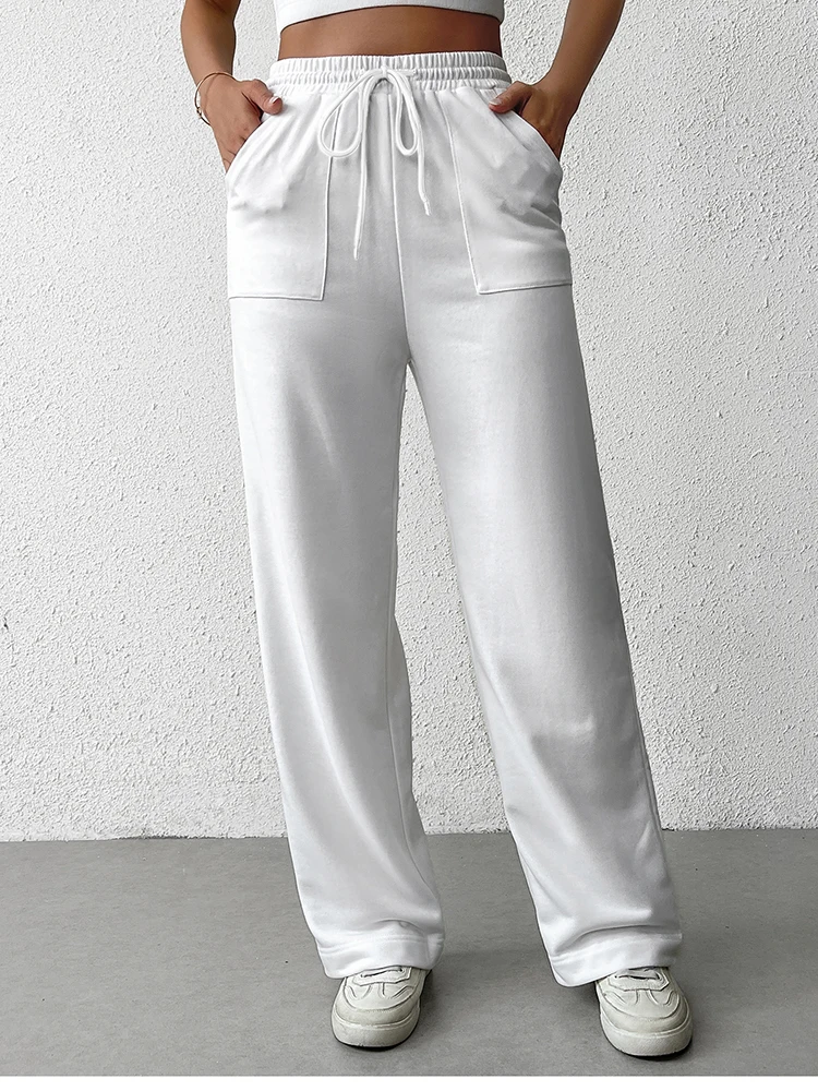 NewAsia 2025 Solidne spodnie proste ze sznurkiem, codzienne, z elastyczną talią, sznurowane, z kieszeniami ukośnymi, na wiosnę i jesień, odzież damska