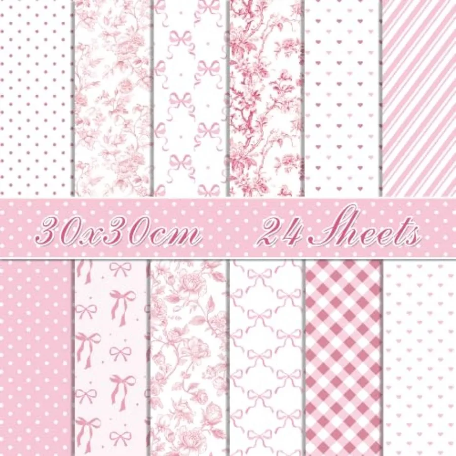 24 Sheets Pink Style Scrapbook Paper Pad Double-Sided Bow Polka Dot Plaid Pattern DIY Crafts Paper for Card Making Photo Album