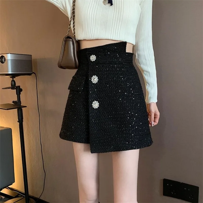 Matakawa Irregular Tweed Shorts Autumn Winter Lurex High Waist Korean Fashion Women Pants Elegant Sequins Pantalones Cortos