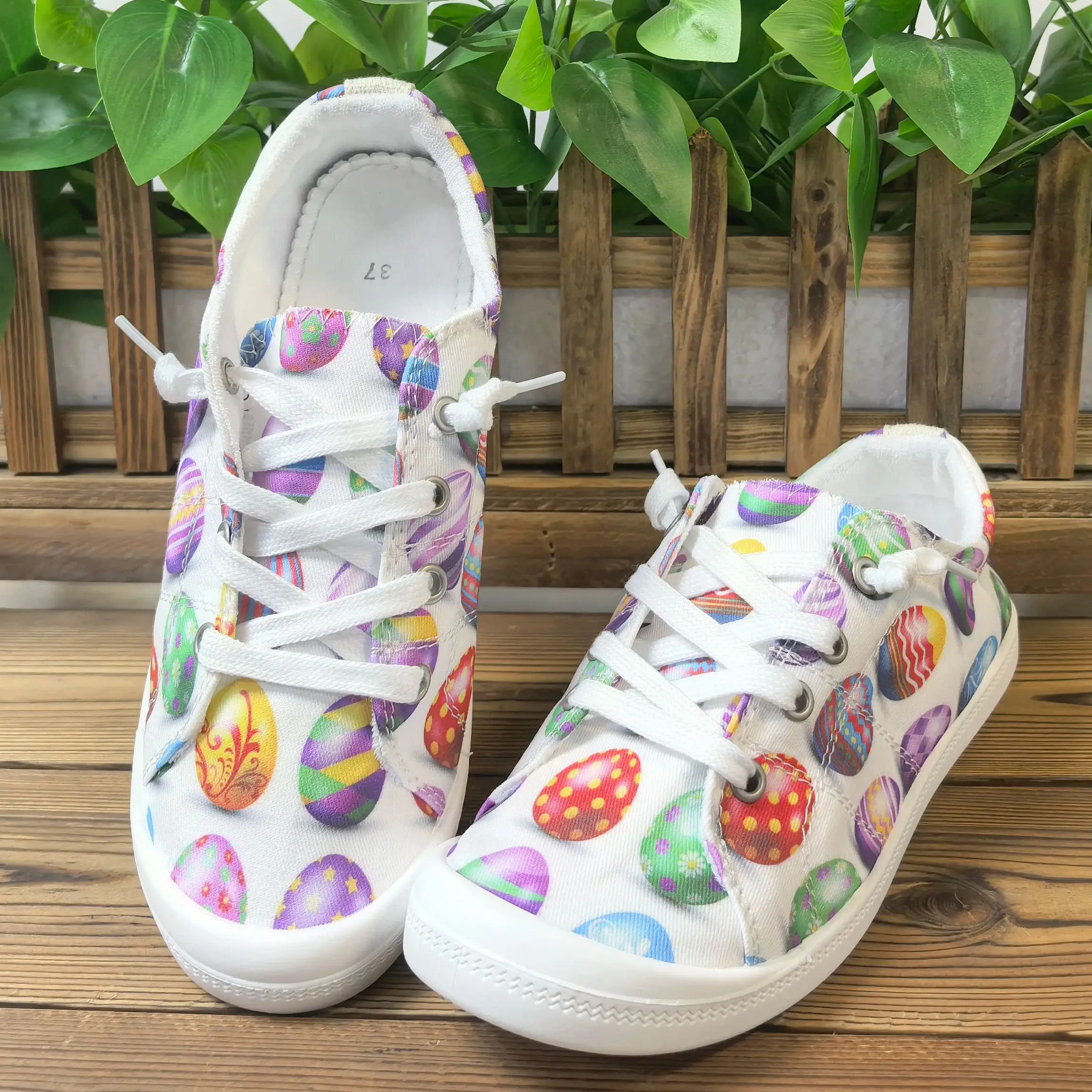 

Women's Spring and Summer New Easter Egg Festival Trbottomy Printed Casual Shoes, Plaid Shallow Mouth Round Toe Low-Top Soft Sole Lightweight Breathable Large Size Women's Shoes