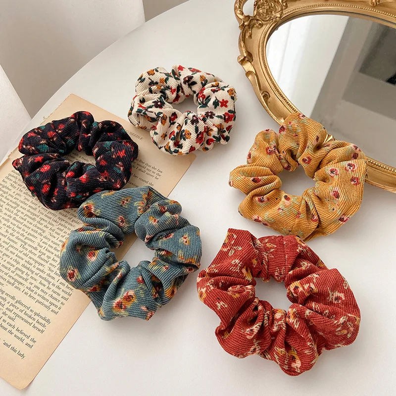 Vintage Corduroy Plaid Floral Printed Hair Ties Scrunchies Women Sweet Flowers Elastic Hair Bands Simple Stripe Hair Accessories