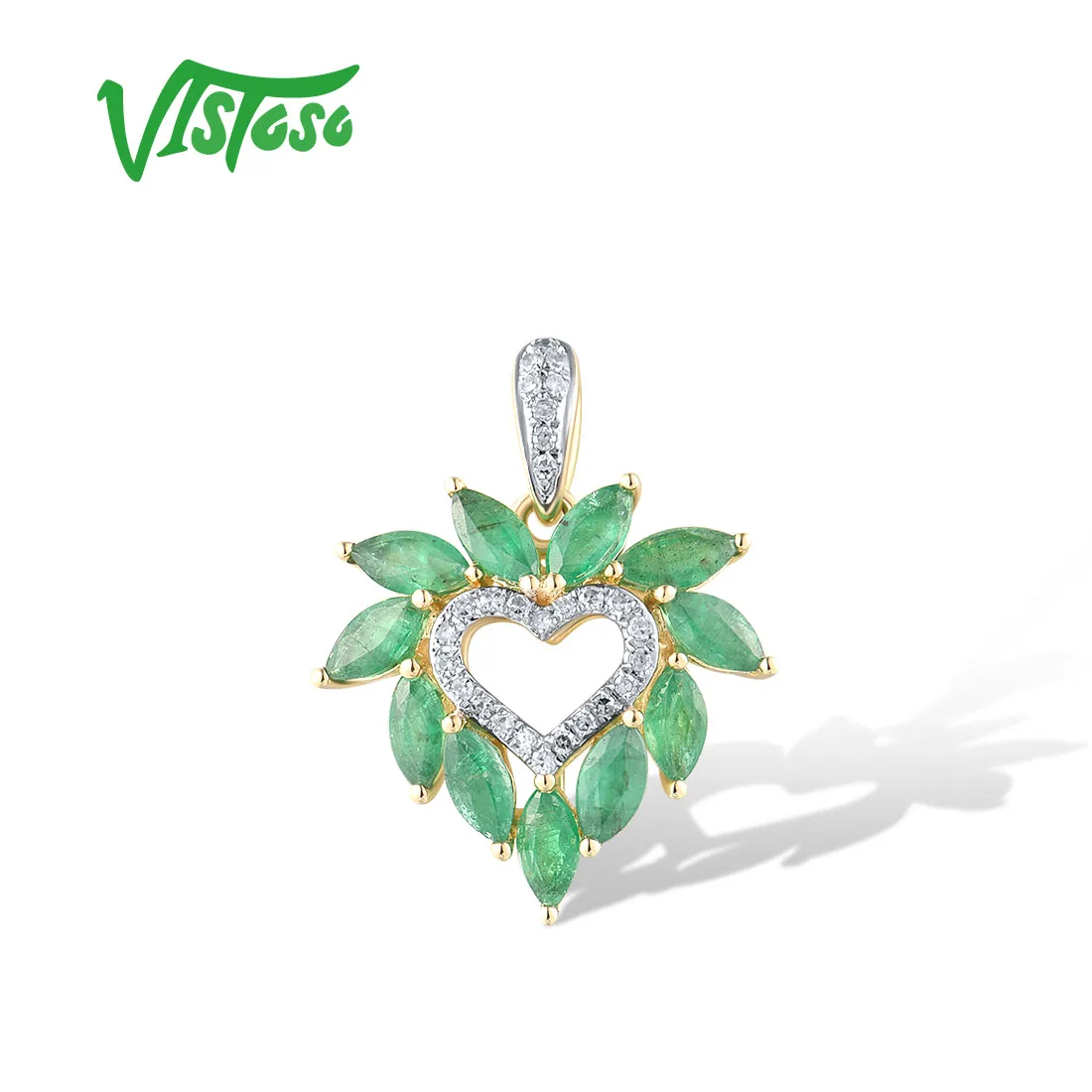 VISTOSO 14K 585 Yellow Gold Pendants For Women Sparkling Diamond ‌Heart Shape Marquise Cut Emerald Trendy Love Gift Fine Jewelr