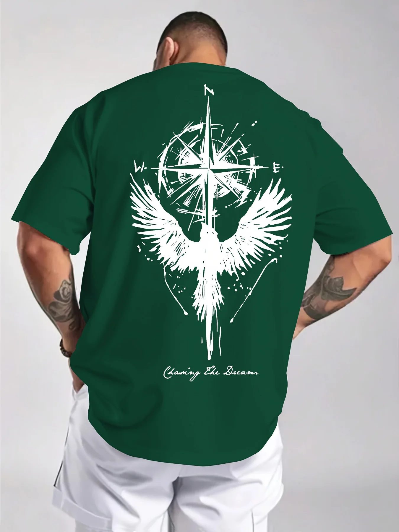 Men's Summer 100% Cotton Fashionable Casual Loose Large Compass Map Bird Pattern Printed Round Neck Short Sleeve T-shirt Top