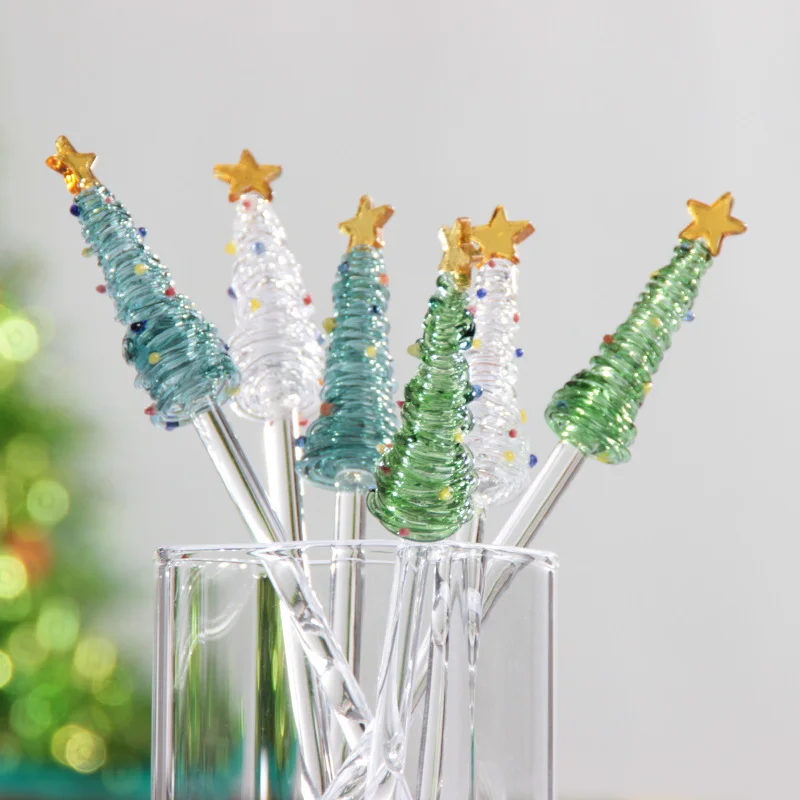 

Cute Mixing Stick Christmas Tree Cocktail Swizzle Stick Creative Long Handle Transparent Glass Stirring for Juice Coffee Drinks
