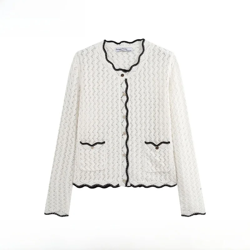 Early Autumn New Arrival Women's Knitted Open Cardigan Lace Trim Color Block Polyester Fiber Long Sleeve Regular Length