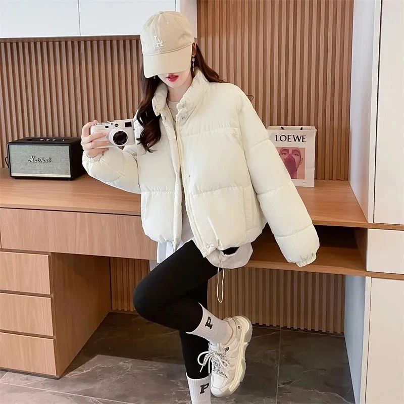 2024 New Women Parka Winter Cotton Jacket Warm Students Puffer Jacket Coat Pockets Stand Collar Solid Casual Korean Fashion Coat