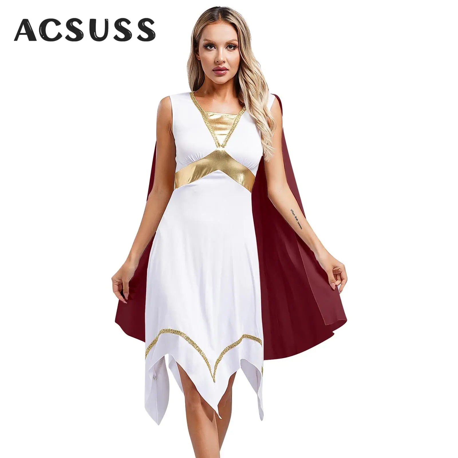 Women Ancient Greek Dress Halloween Carnival Cosplay Fancy Dress Roman Queen Asymmetrical Tunic Dress Theme Party Costume