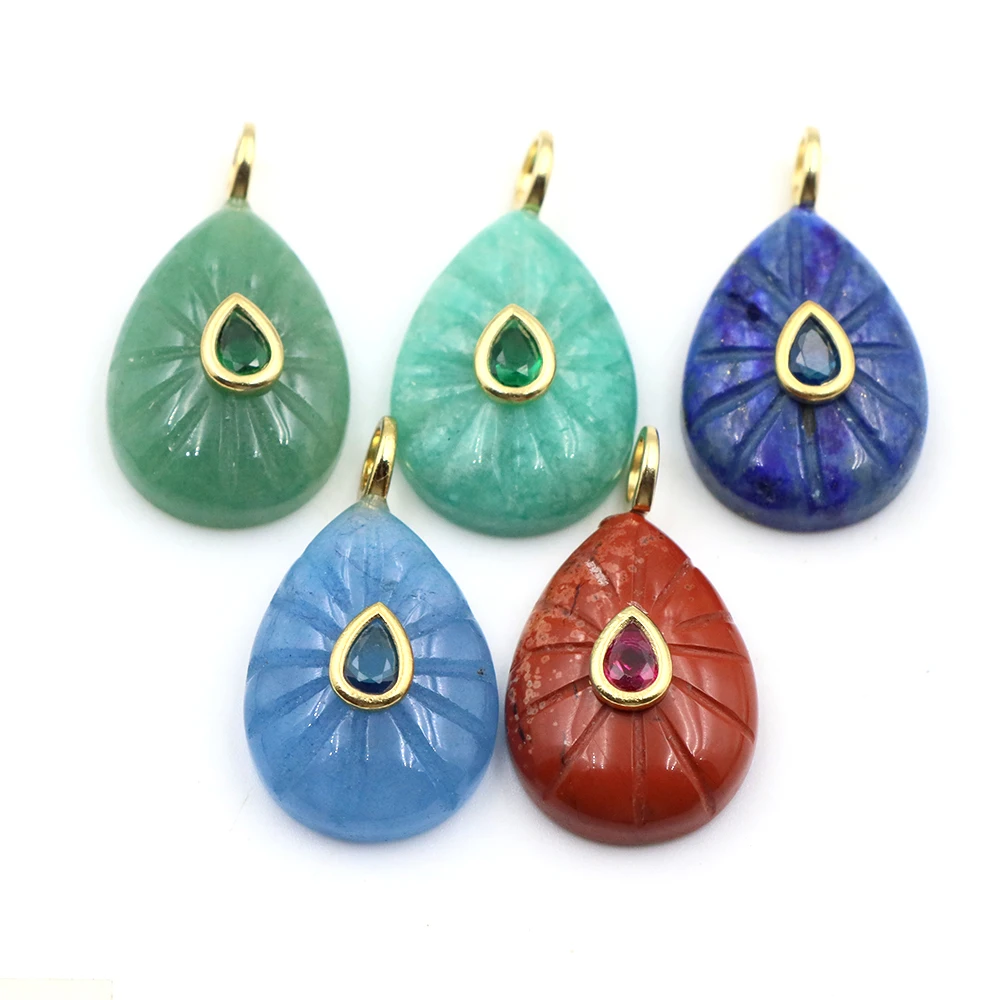 26mm Natural Stone Teardrop Pendant Inlaid Colorful Zircon Charm Hand Carved DIY Necklace Jewelry Making Crafts Accessory Gifts