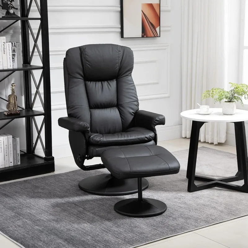 Swivel Recliner with Ottoman, PU Leather Reclining Chair with Ottoman, Upholstered Recliner and Footrest with Wrapped Base