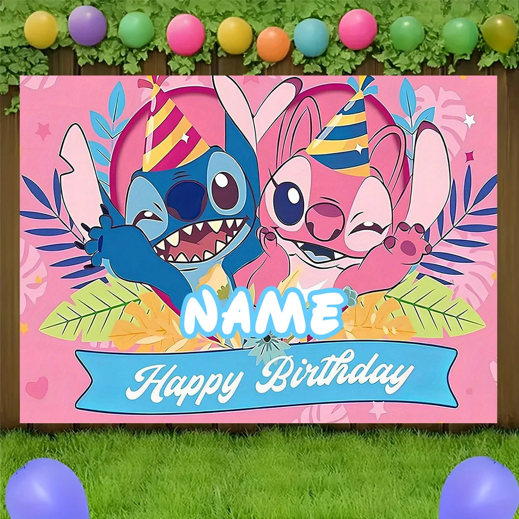 1 toile de fond photo personnalisable sur le thème de Stitch, impression de nom disponible, décorations d'anniversaire pour enfants, bannières pour fournitures de fête