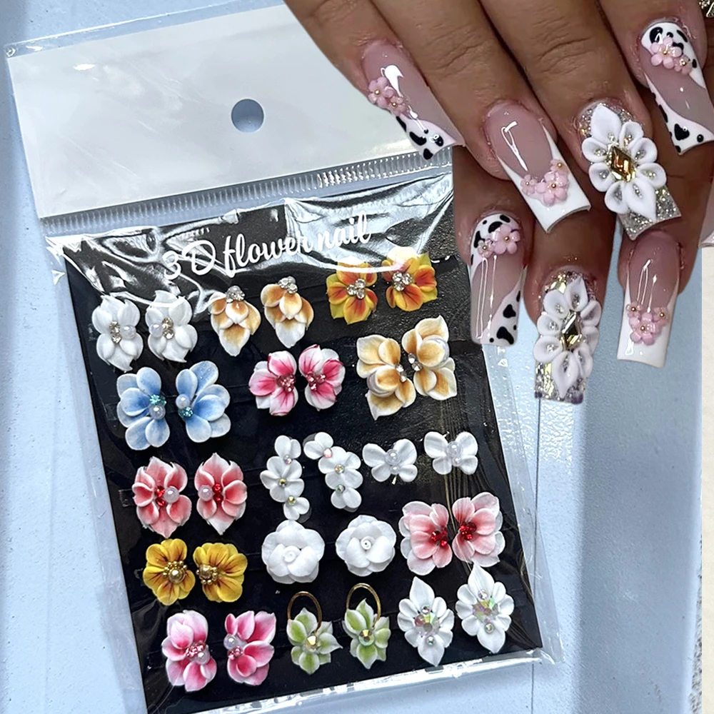 30PCS Handmade Acrylic Flowers Nail Charms 3D Flower Petals Side with Rhinestones Pearl Nail Jewelry Crystal Carved Nail Decorat