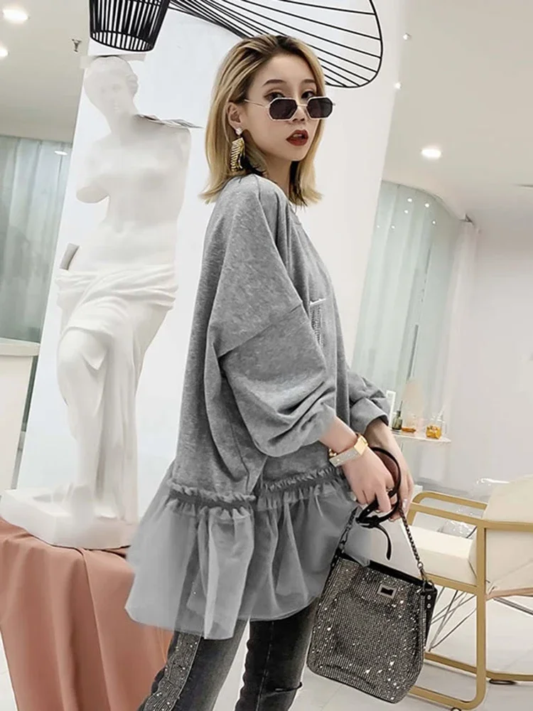 XITAO Tide Patchwork Mesh Pleated Sweatshirt Diamonds Women Clothes 2019 Elegant Fashion Pullover Top Autumn Korean  WQR1548