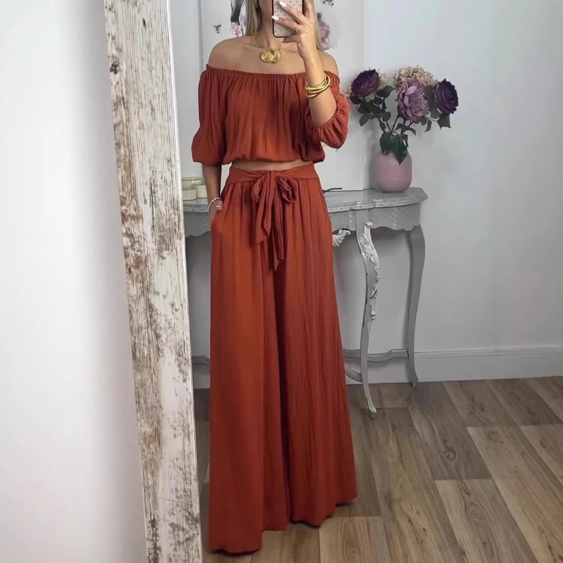 Pant Set Women Two Piece Sets Slash Neck Half Sleeve Shirt Elastic Waist Wide Leg Long Pants Lace Up Y2k Streetwear Pleated 2026