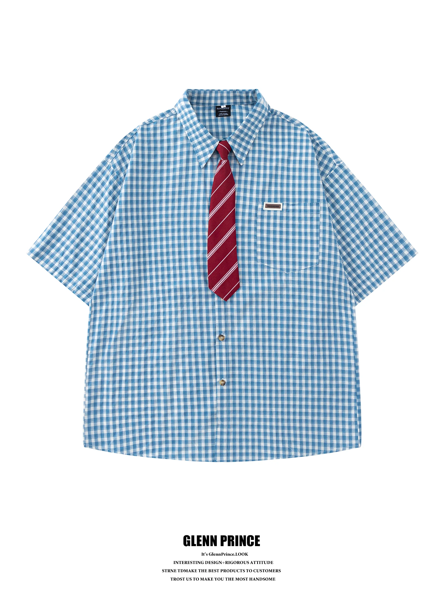 

GPstudio American Retro Plaid Tie Pure Cotton Short Sleeve Men's Summer College Style Loose Shirt Breathable Youthful Trend