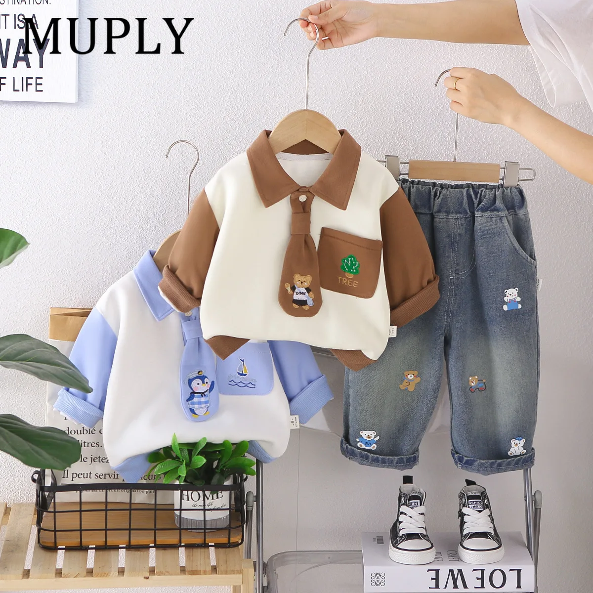 Boys 2Pcs Clothing Set Polo Sweatshirt With Cute Tie Denim Pants Spring Autumn Cotton Kids Outfit Outdoor Holiday Daily Playwear
