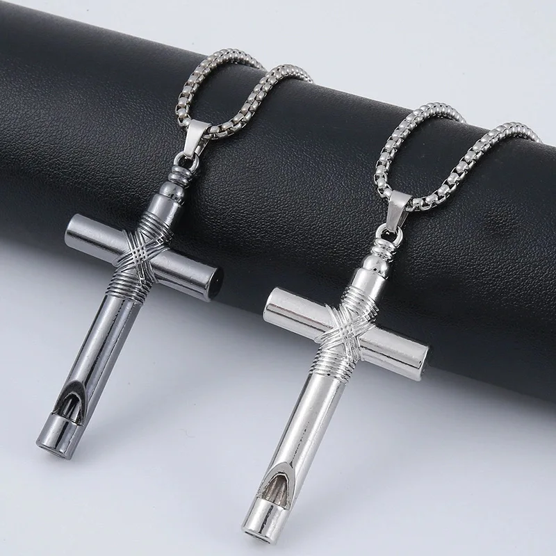 1Pc Blowable Cross Whistle Pendant Sweater Chain K Plated Unisex Retro Streetwear Whistle For Layered Sweater Outfits