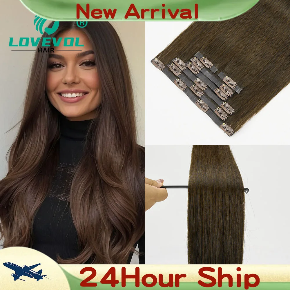 

Lovevol Invisible PU Skin Weft Straight Brown Hair Seamless Clip in Hair Extension Remy Hair for Women 16inch to 26inch 110G