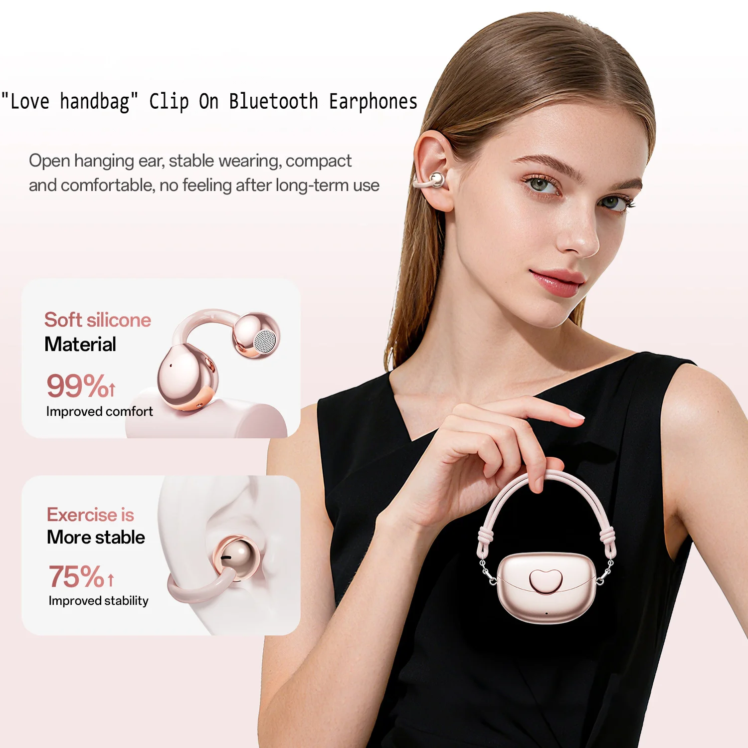 

Ear Clip Wireless Headphones Bluetooth 6.0 Love Hangbag 24H Long Battery Life Call Noise Reduction Girls Earbuds For Sports