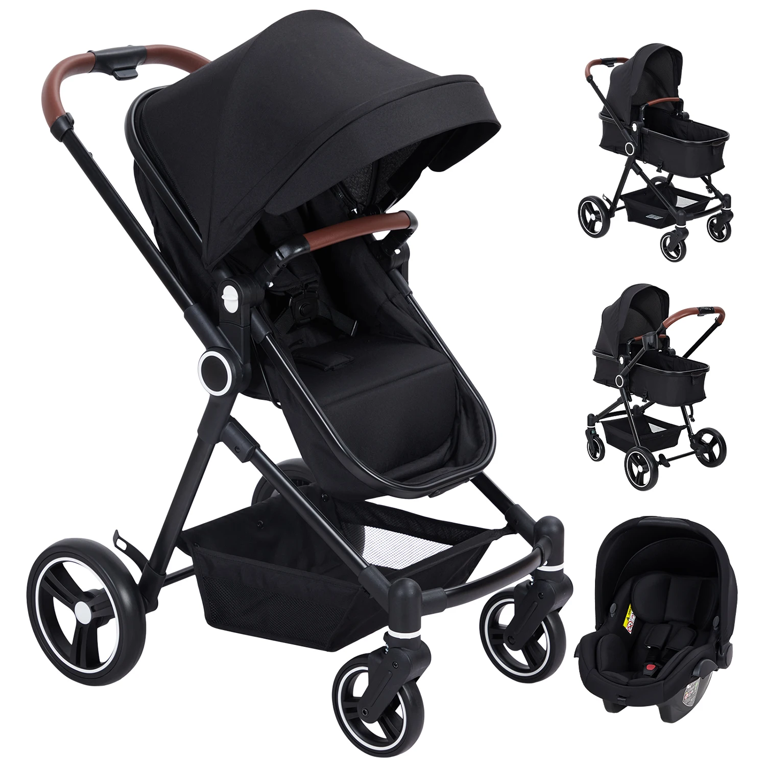 3-in-1 Kinderwagen, Multifunktionaler Kinderwagen Schwarz, Umwandelbarer Kinderwagen für Neugeborene & Kleinkinder