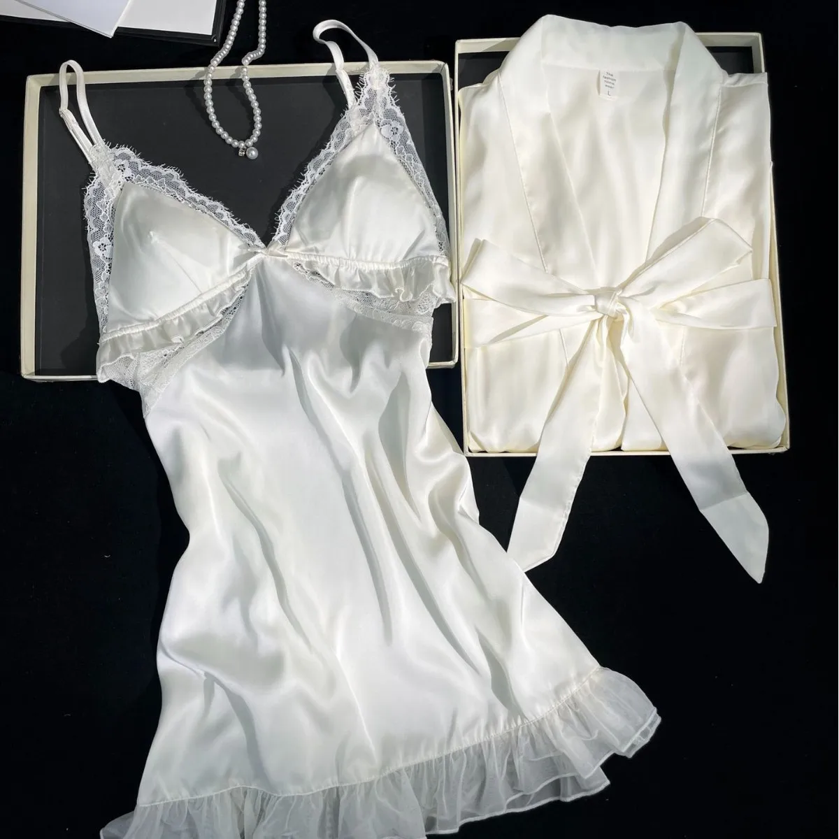 

Summer Autumn Satin Robe Set Bride Wedding Dress Gown Sexy Chemise Sleepwear Short Bathrobe Kimono Intimate Lingerie Pajamas
