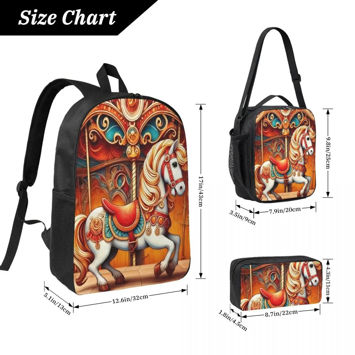 Artistic Details Of A Carousel Backpack Boys Girls BookBag School Bag Computer Shoulder Bags 3ps Insulated Lunch Bag Pencil Case