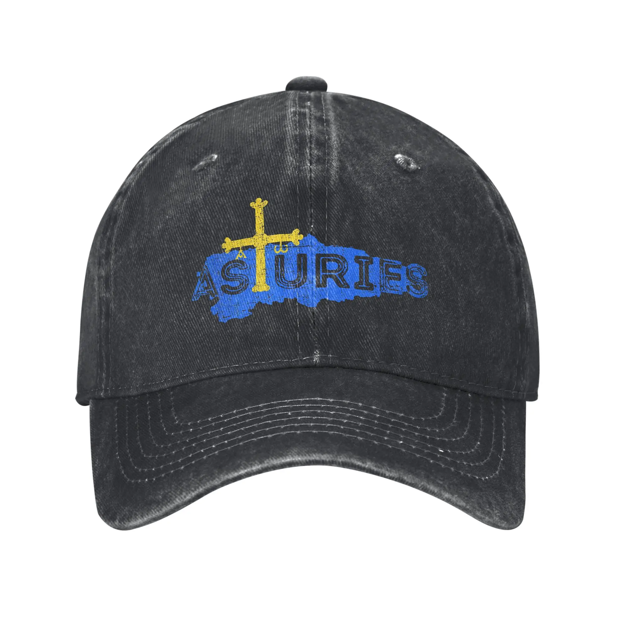 Gorra de Béisbol Negra para Mujer y Hombre con Mapa y Bandera Asturiana, Souvenir de Asturias, España, Visera Protectora, 100% Algodón, Gorra Fugees