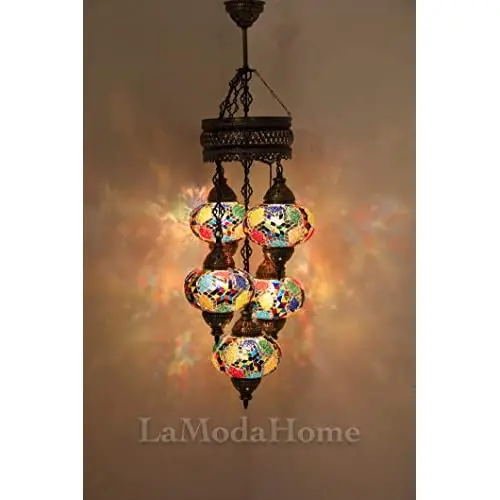 LaModaHome 40 + Unique Colors, 2020 Customizable Chandelier 5 Globes + Free 5 Bulbs, stunning Mosaic Turkish Lamp Moroccan Light