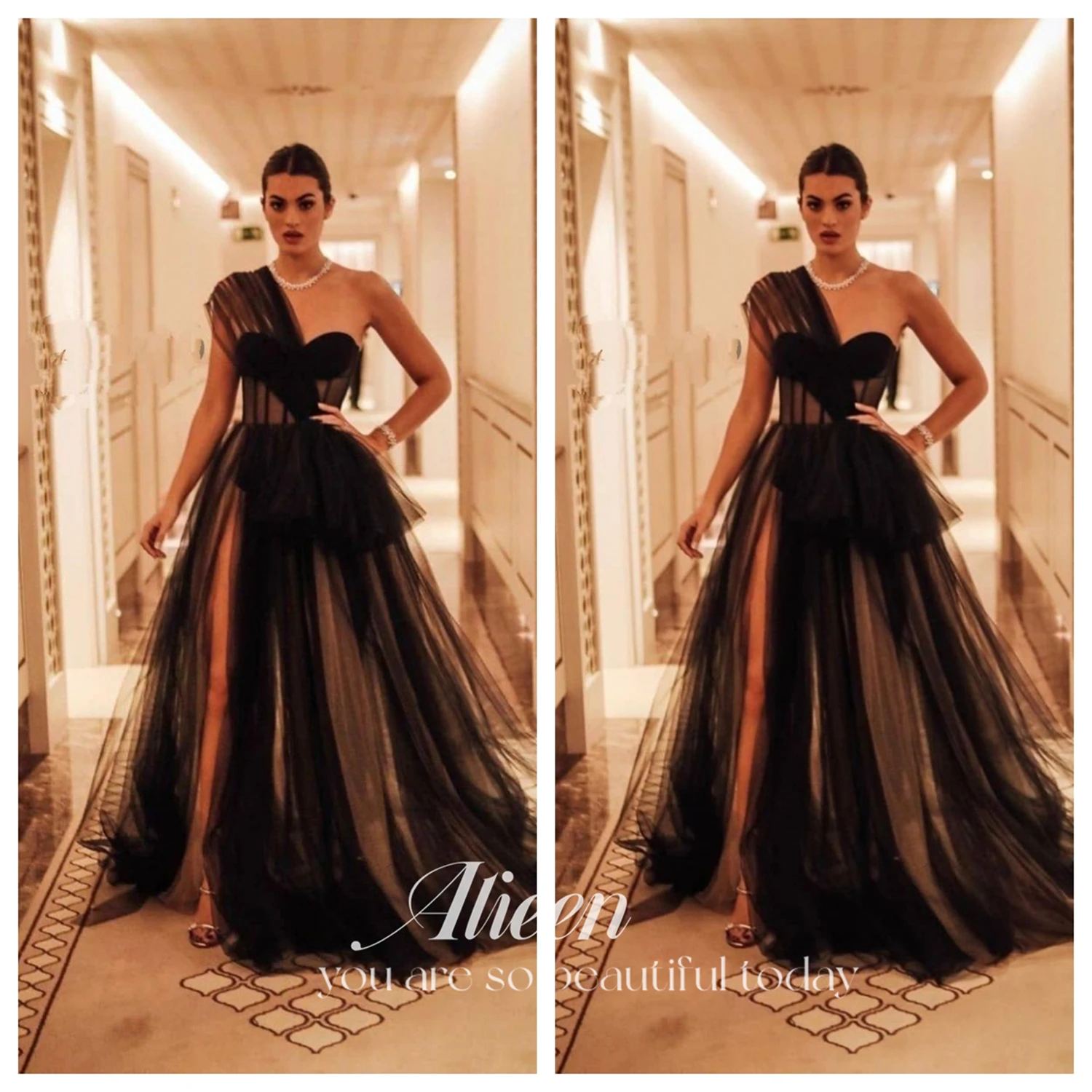 

Aileen Black Ruffles Tulle Celebrity Dresses Sweetheart Illusion Corset A-Line Long Evening Dresses Red Carpet Formal Gowns