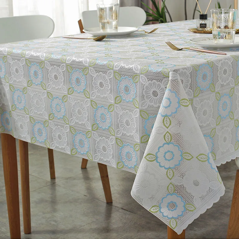 PVC Lace Tablecloth Waterproof Washable and Erasable Table Linen Tea Table Cloth Rectangular Table Cover White skyblue