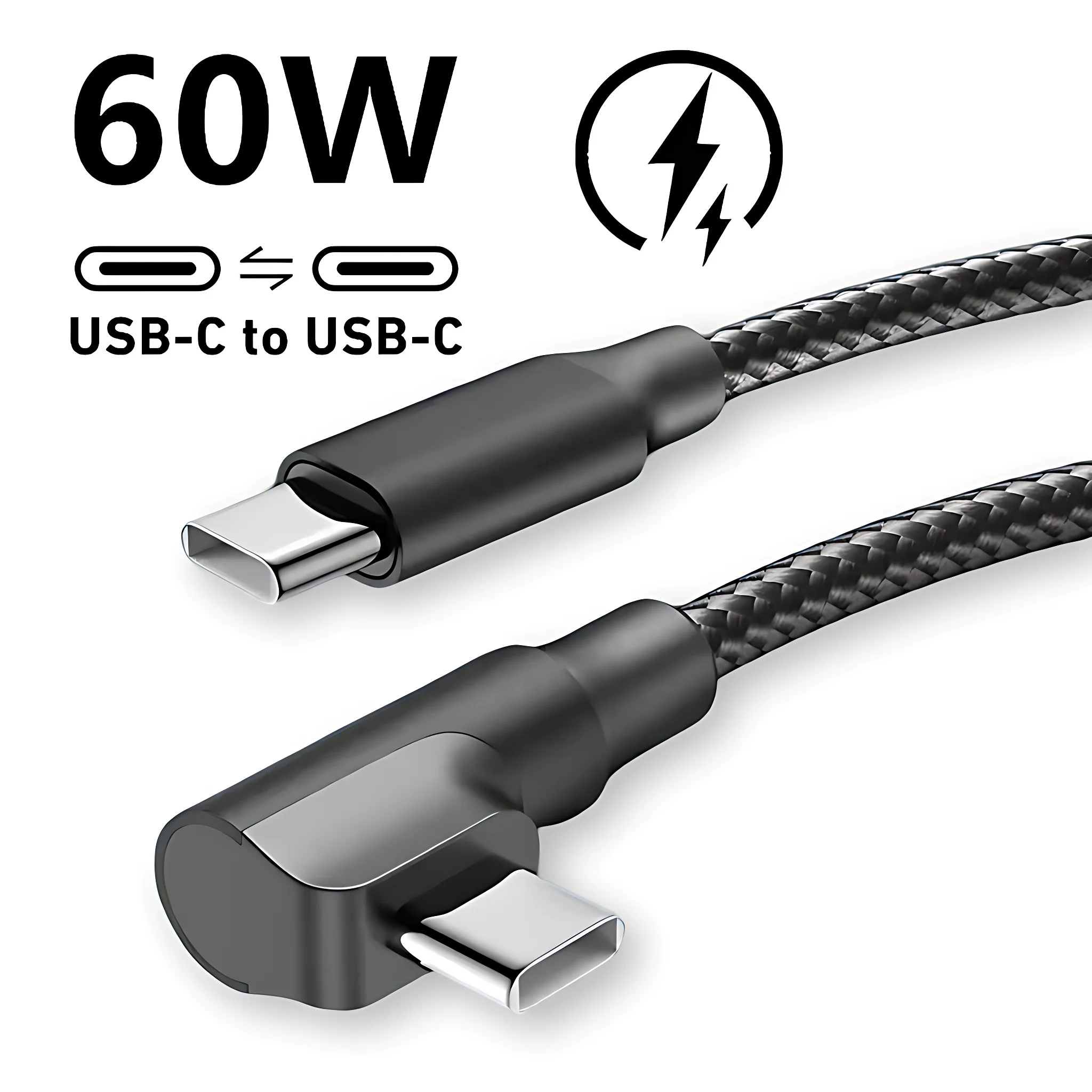Câble USB-C à coudure en nylon tressé à 90 degrés pour charge rapide, compatible iPhone 17 16 15 Pro Max Samsung Xiaomi Redmi POCO OnePlus