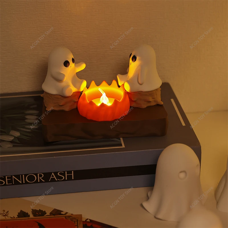 3D Printed Ghost Campfire Light Night Light LED Warm Lamp Halloween Desktop Cute Ghost Statue Bedroom Decor Gift