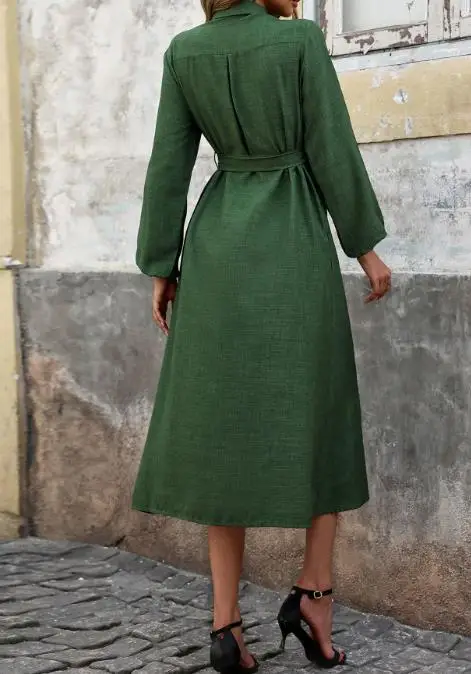 

Women Dress 2025 Elegant Autumn Lapel Long-Sleeved Pure Color Dress Shirt Style with Button Front Belted Waist and Puff Sleeves
