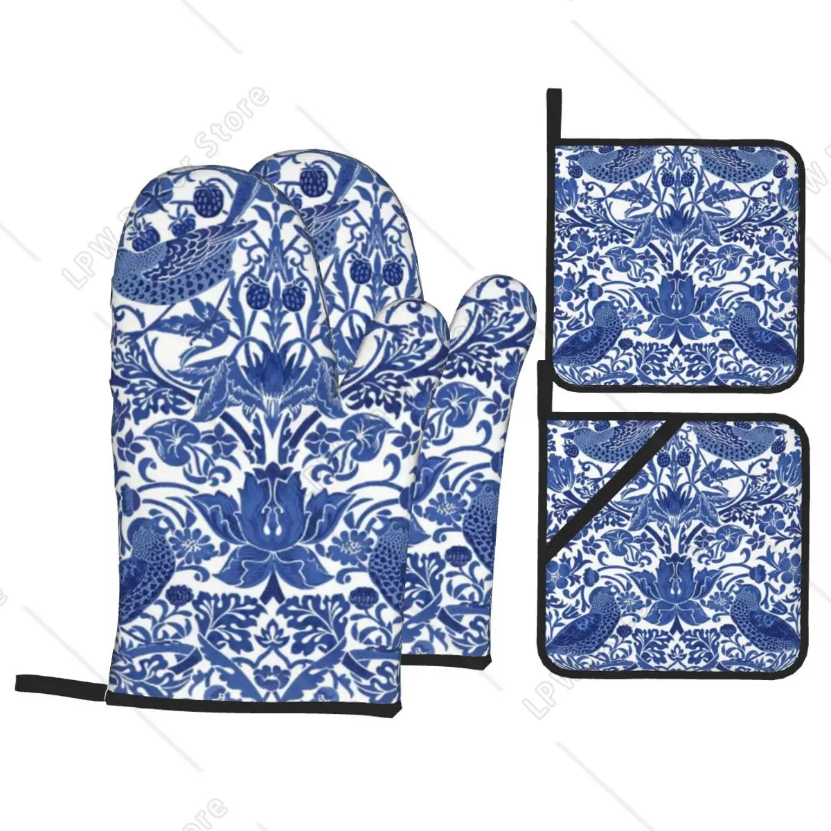 Porcelain Blue Oriental Bird Oven Mitts and Pot Holders 4pcs Set Heat Resistant BBQ Kitchen Gloves for Baking Grilling Potholder