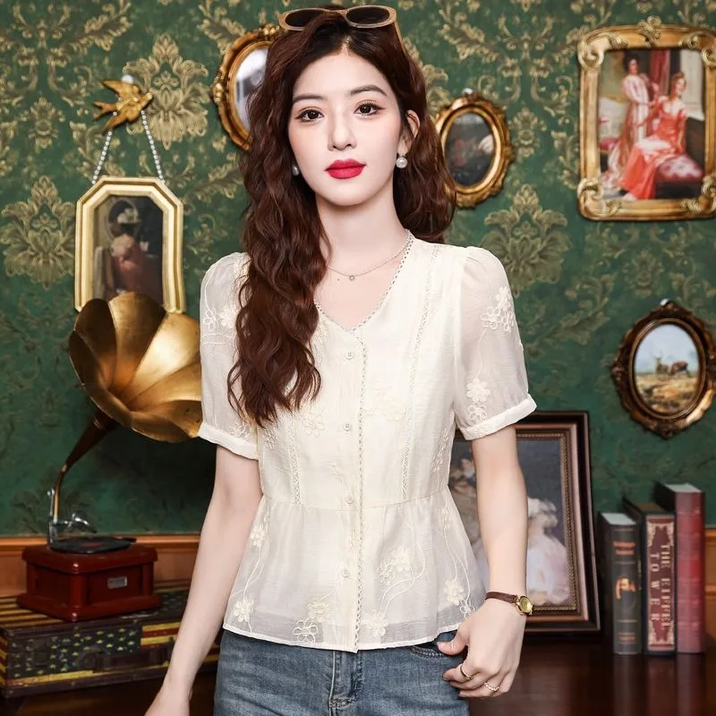 

Women's New Chinese Style Embroidered Peplum Short Sleeve Chiffon Blouse Casual Slim Fit Summer Top