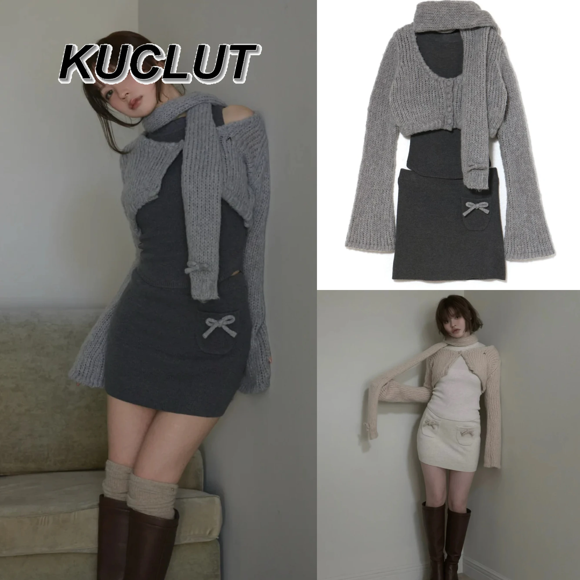 

Женские комплекты из трех предметов, японский милый повседневный костюм, вязаный жилет с застежкой на талии, длинный рукав + облегающая короткая юбка + комплект шарфов