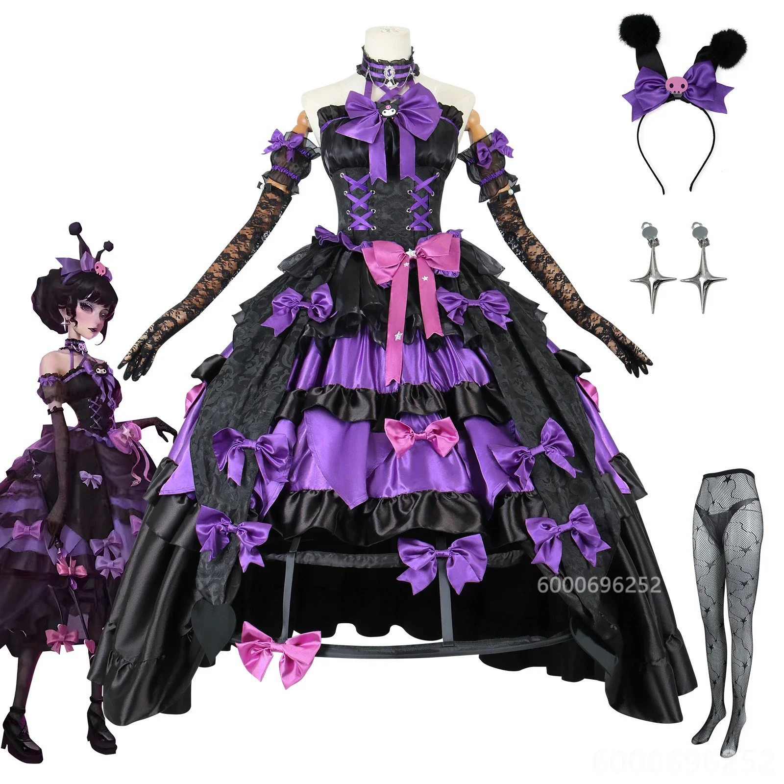 

In Stock Identity V Bloody Queen Kuromi Cosplay Costume Black Lolita Gothic Long Dress with Wig Full Set for Halloween Xmas