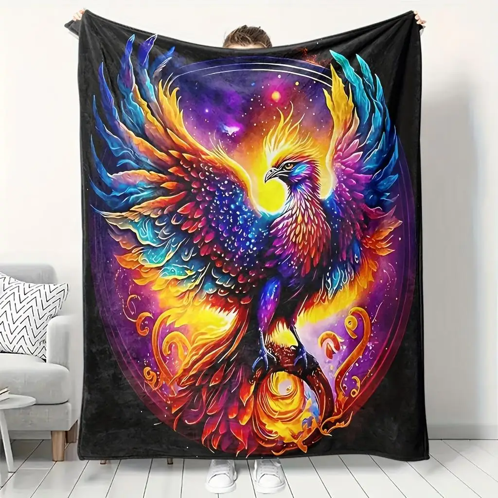 Vibrant Cosmic Phoenix Galaxy Art Blanket Throw Boho Tapestry Fleece Decor Unique Celestial Creature Mural Living Room Home Gift