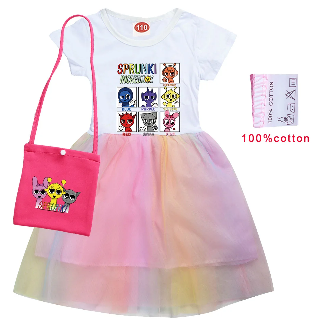 New Kids Sprunki Cartoon Clothes Baby Girls Casual Dresses Children Halloween Carnival Cosplay Costume Short Sleeve Dress & Bag