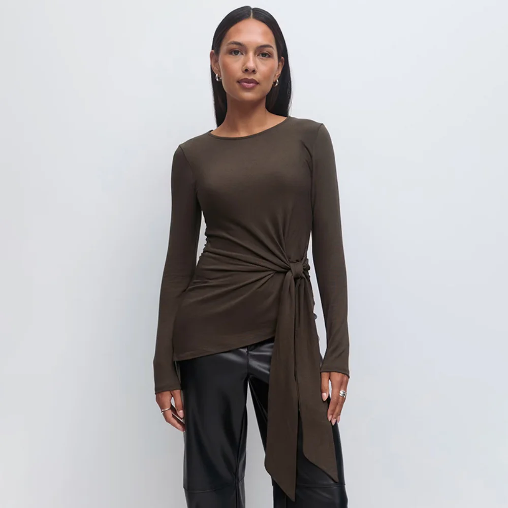 

One Shoulder Cotton Slant Long Sleeve Women's Clothing Style Interior Wide Truffle Base Autumn Winter ShirtStrap tied waist cinc