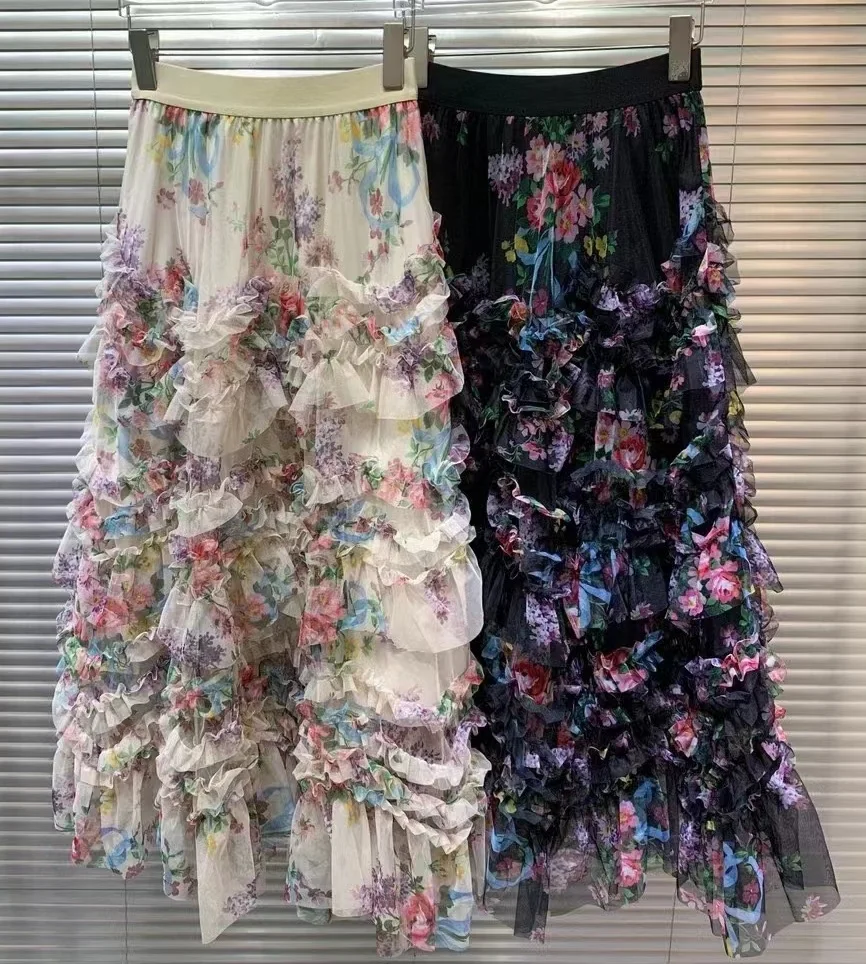 Neue Sommer mode lange Röcke hochwertige Damen elastische Taille kaskadi rende Rüschen Blume Deko lässig langen Maxi Mesh Rock