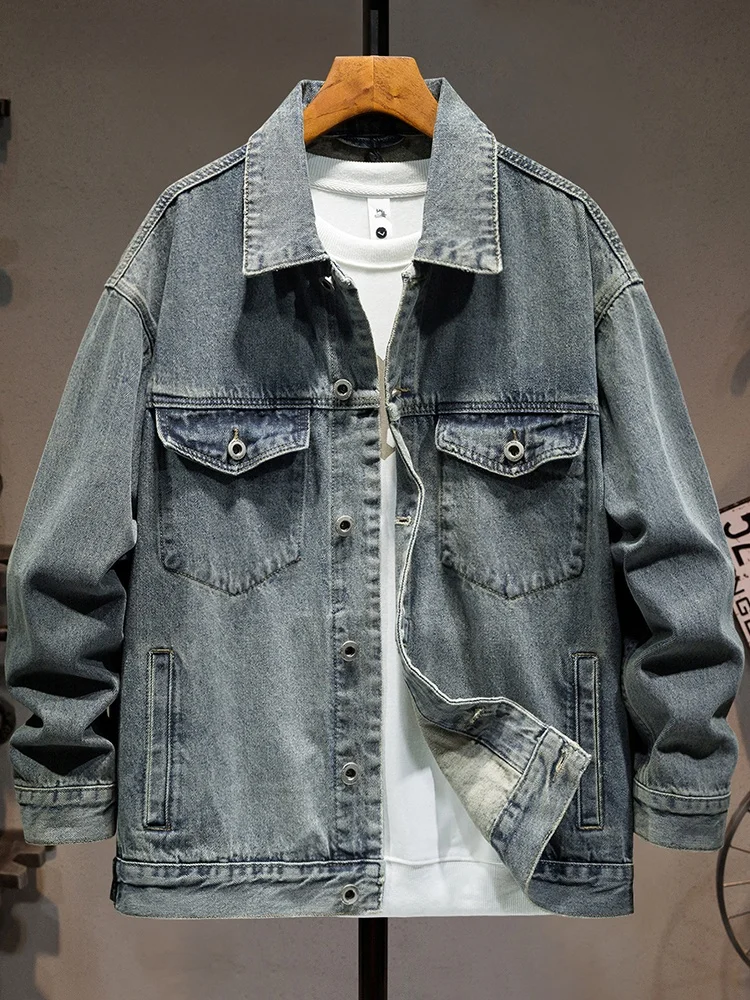 

Мужская джинсовая куртка Heavyweight из плотного денима, свободного кроя, повседневная, винтажная, синяя, износостойкая, молодежная, в городском стиле, с множеством карманов